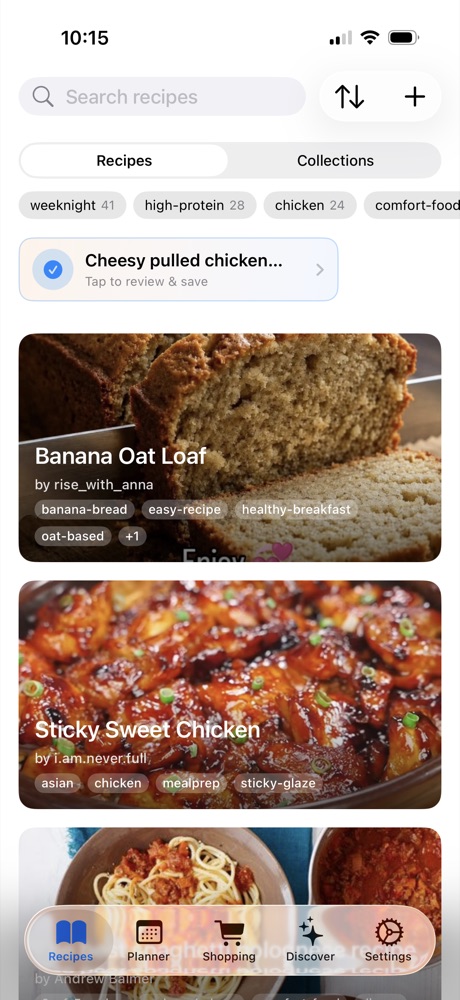 Recipe Developer recipes screen — saved TikTok recipes with tags